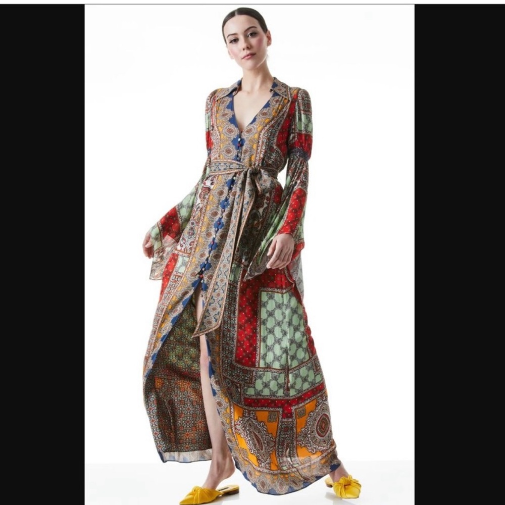 Alice + Olivia Jaylen Mix Scarf Print Handkerchief Sleeve Maxi Dress Size L